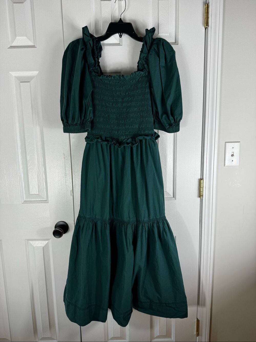 Sea New York Women’s Green Smocked Puff Sleeve Tiered Maxi Dress Size XS